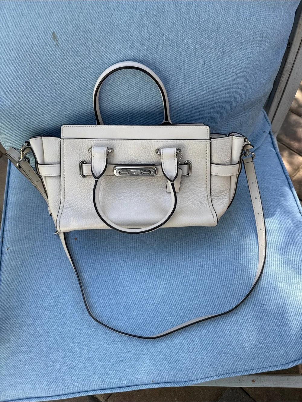 White Leather Satchel Handbag with Removable Strap